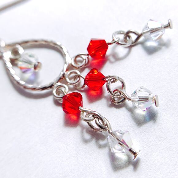 Vintage Artisan Sterling Silver Red Swarovski Crystal Dangle Earrings Handmade - Picture 6 of 13